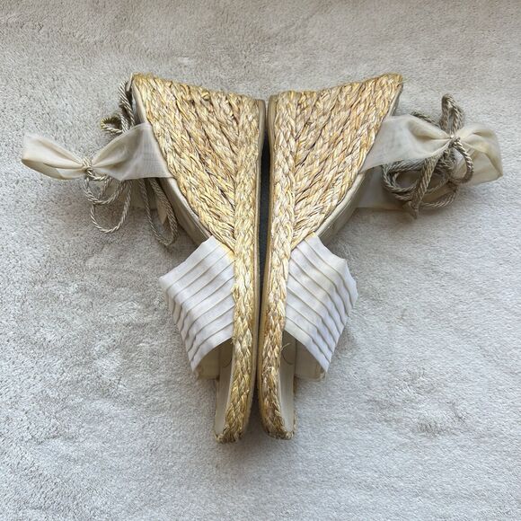 Stuart Weitzman Cream Organza Mesh Wedge Heel Sandals Women 7 Ankle Strap Laces - Picture 5 of 16